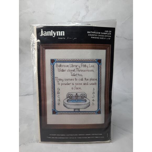 Vintage Janlynn Counted Cross Stitch Kit Bathroom Sampler 40-39 8x10 - Picture 1 of 5